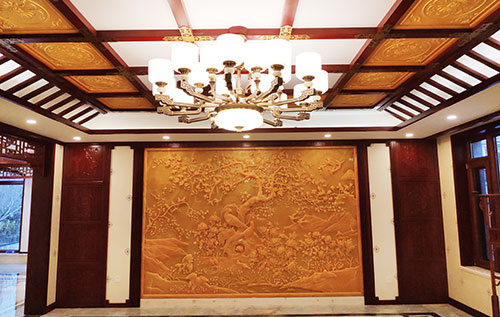 田林中式别墅客厅中式木作横梁吊顶装饰展示